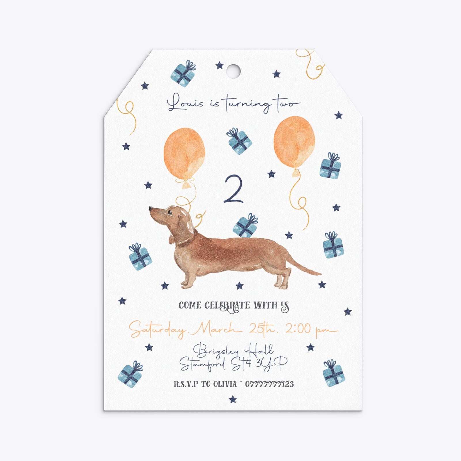 Personalised Dachshund Birthday Tag Invitation Glitter