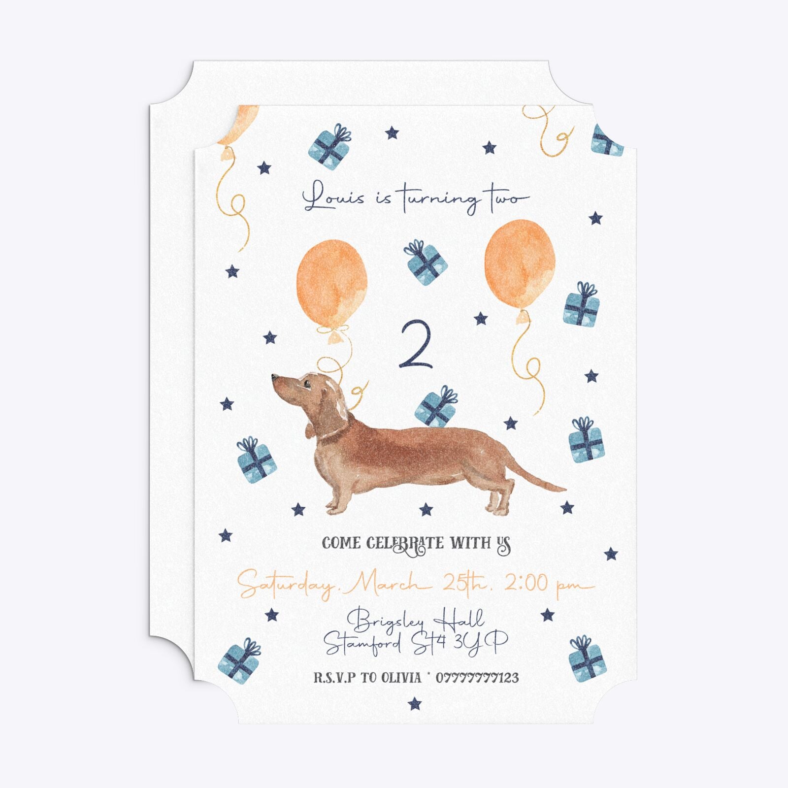 Personalised Dachshund Birthday Ticket Invitation Glitter Front and Back Image