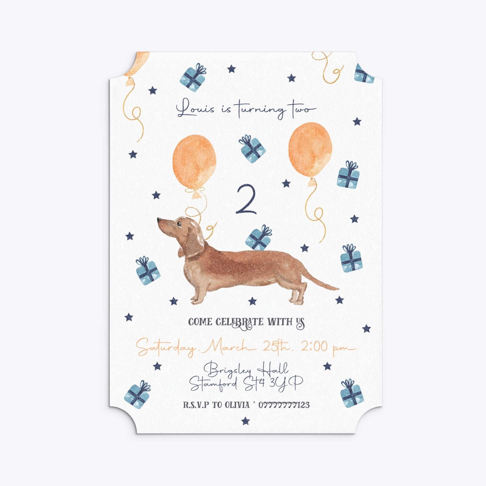 Personalised Dachshund Birthday Ticket Invitation Glitter