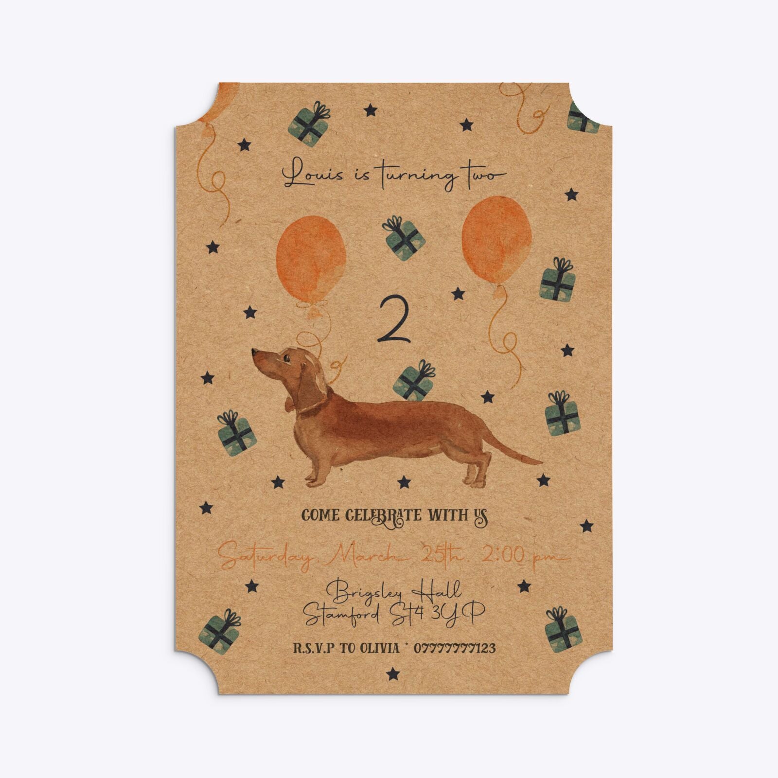 Personalised Dachshund Birthday Ticket Invitation Kraft