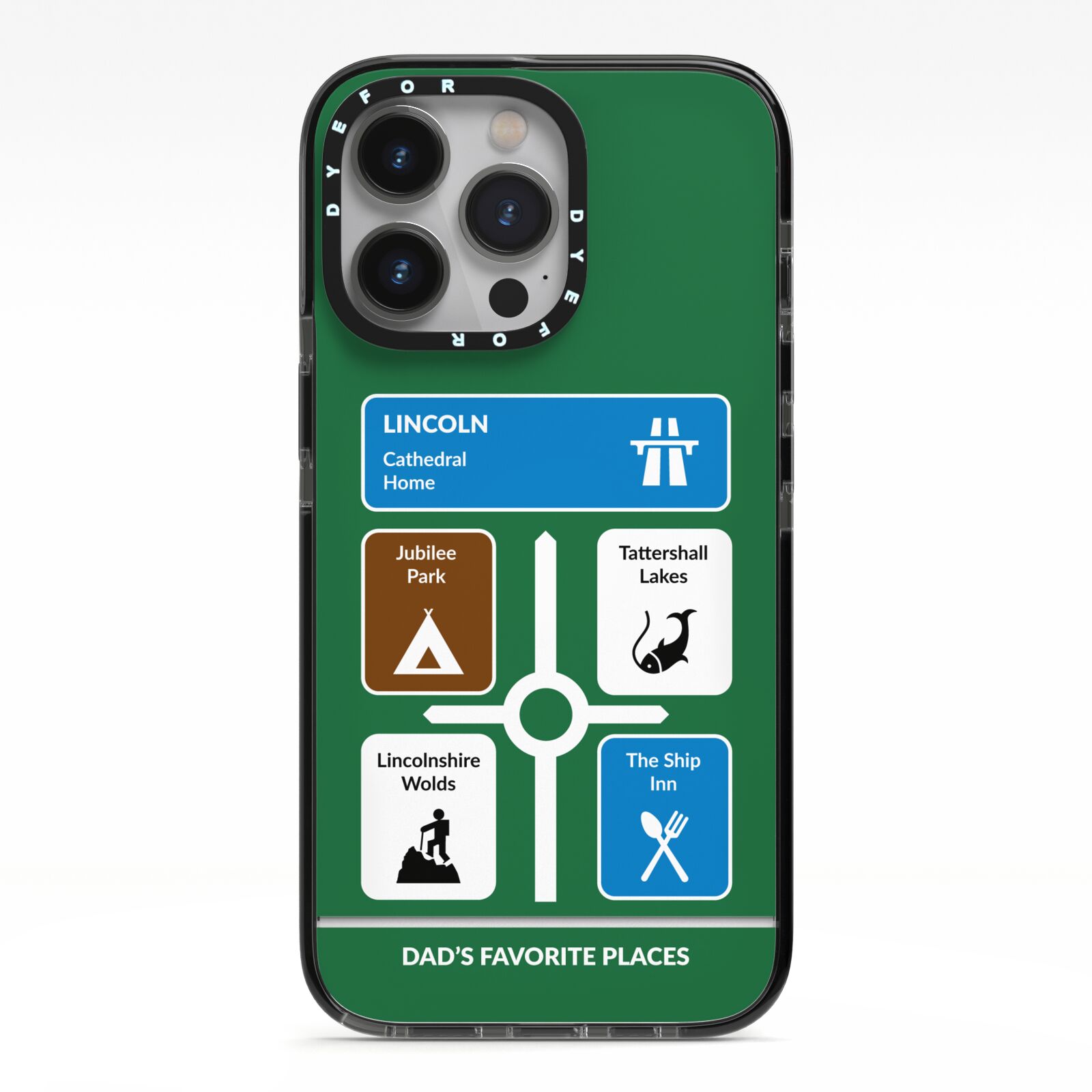 Personalised Dad s Favourite Places iPhone 13 Pro Black Impact Case on Silver phone