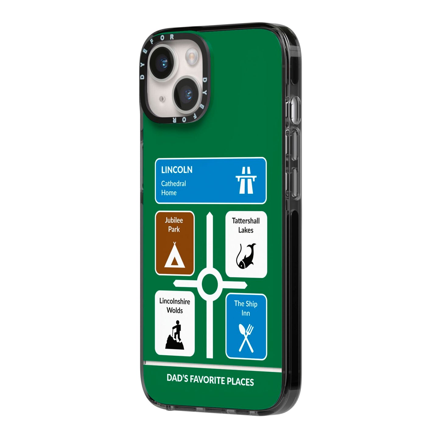 Personalised Dad s Favourite Places iPhone 14 Black Impact Case Side Angle on Silver phone