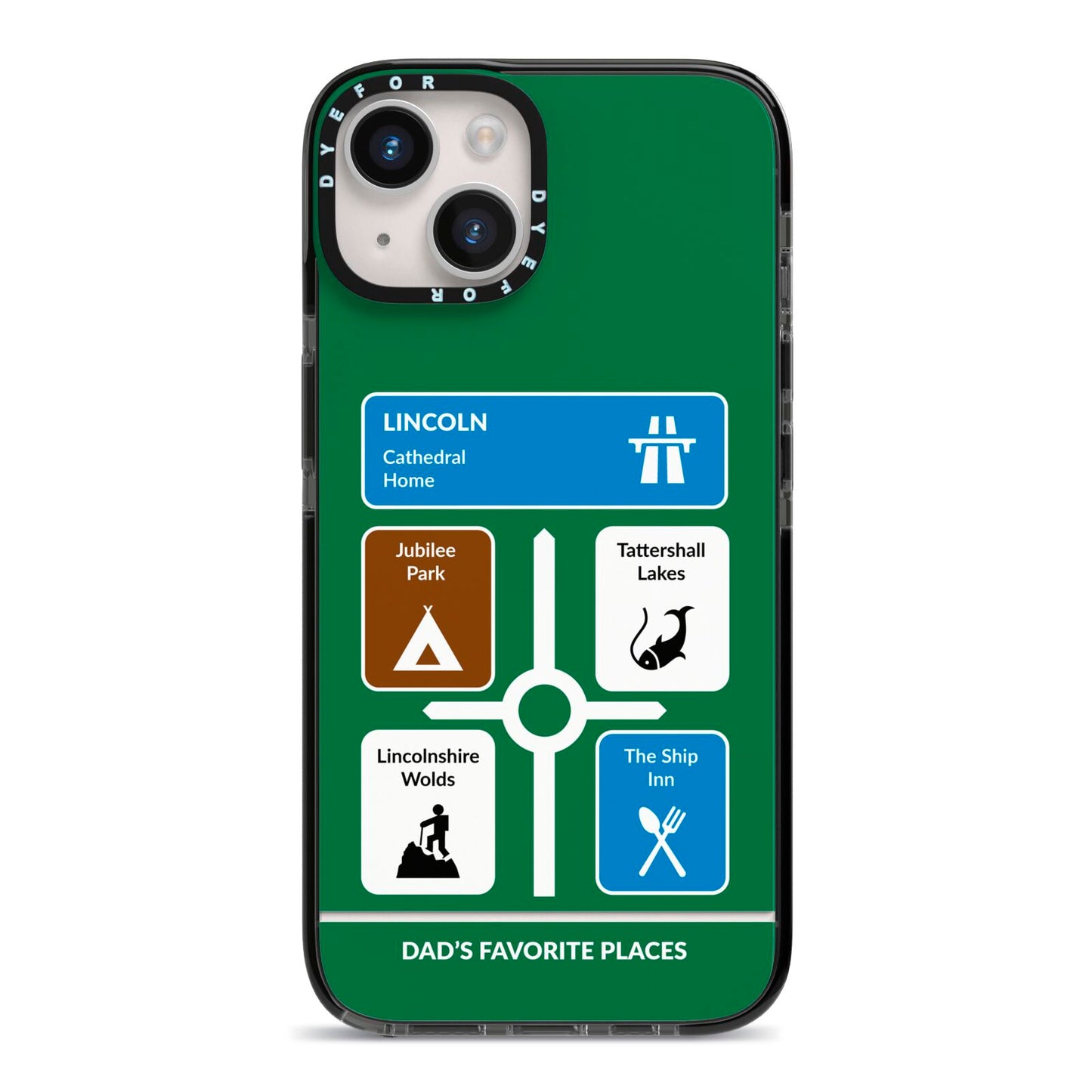 Personalised Dad s Favourite Places iPhone 14 Black Impact Case on Silver phone