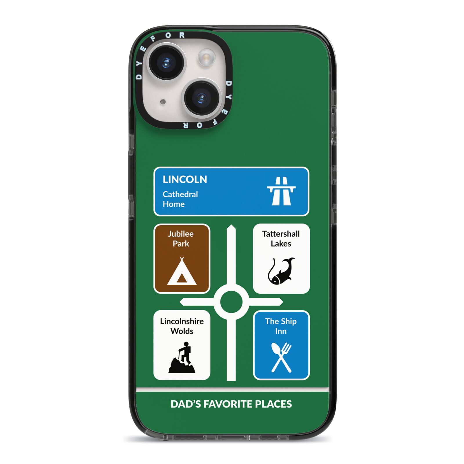 Personalised Dad s Favourite Places iPhone 14 Black Impact Case on Silver phone