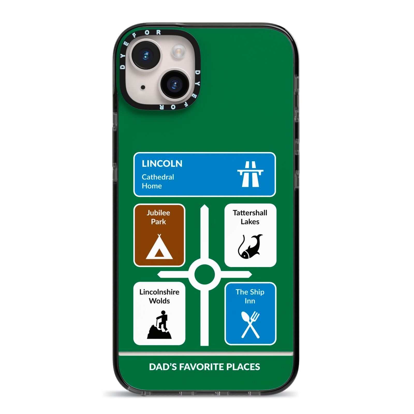 Personalised Dad s Favourite Places iPhone 14 Plus Black Impact Case on Silver phone