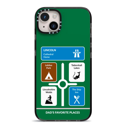 Personalised Dad s Favourite Places iPhone 14 Plus Black Impact Case on Silver phone