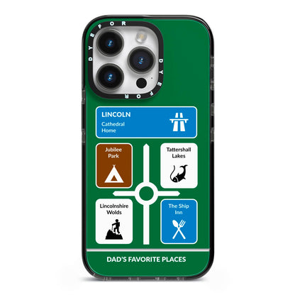 Personalised Dad s Favourite Places iPhone 14 Pro Black Impact Case on Silver phone