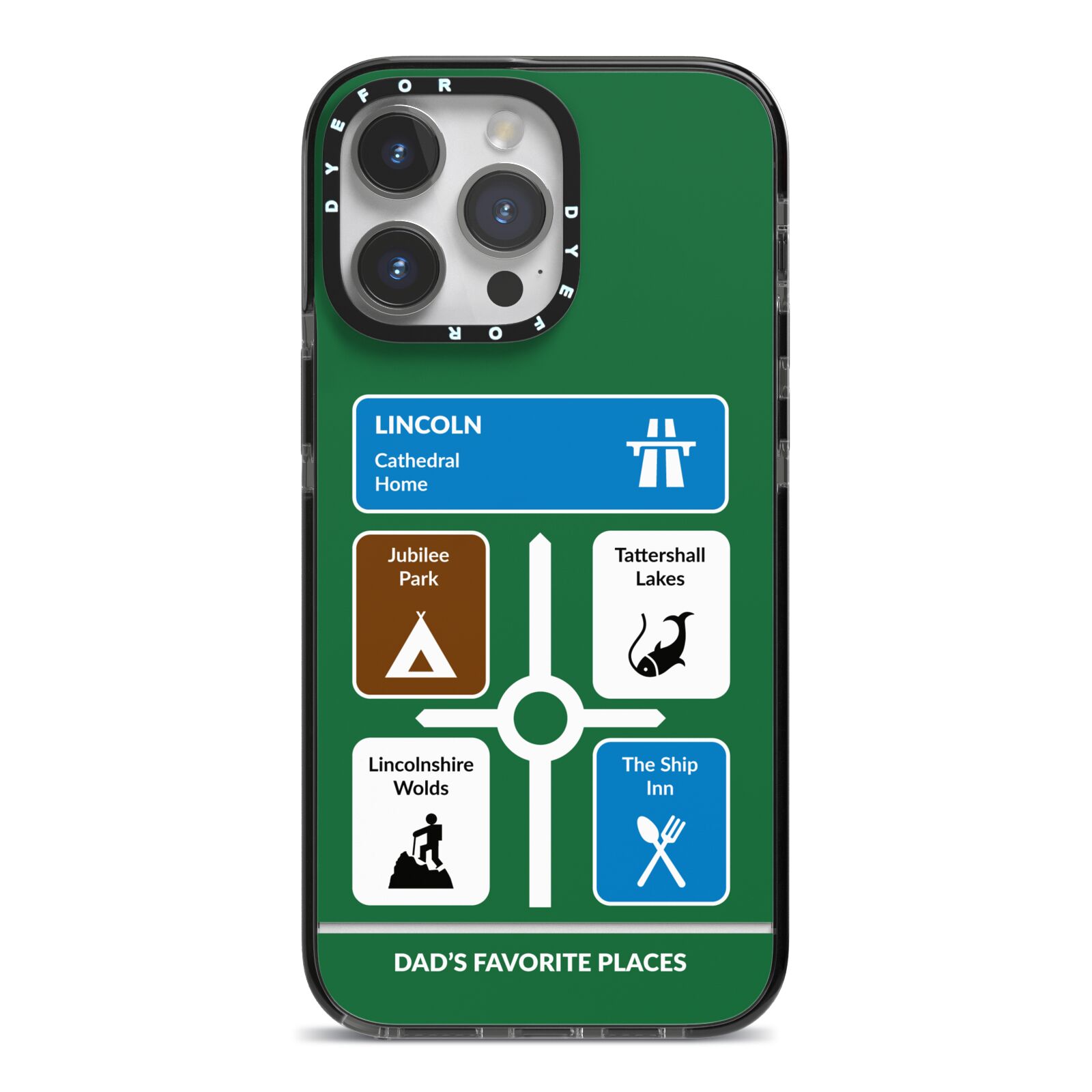 Personalised Dad s Favourite Places iPhone 14 Pro Max Black Impact Case on Silver phone