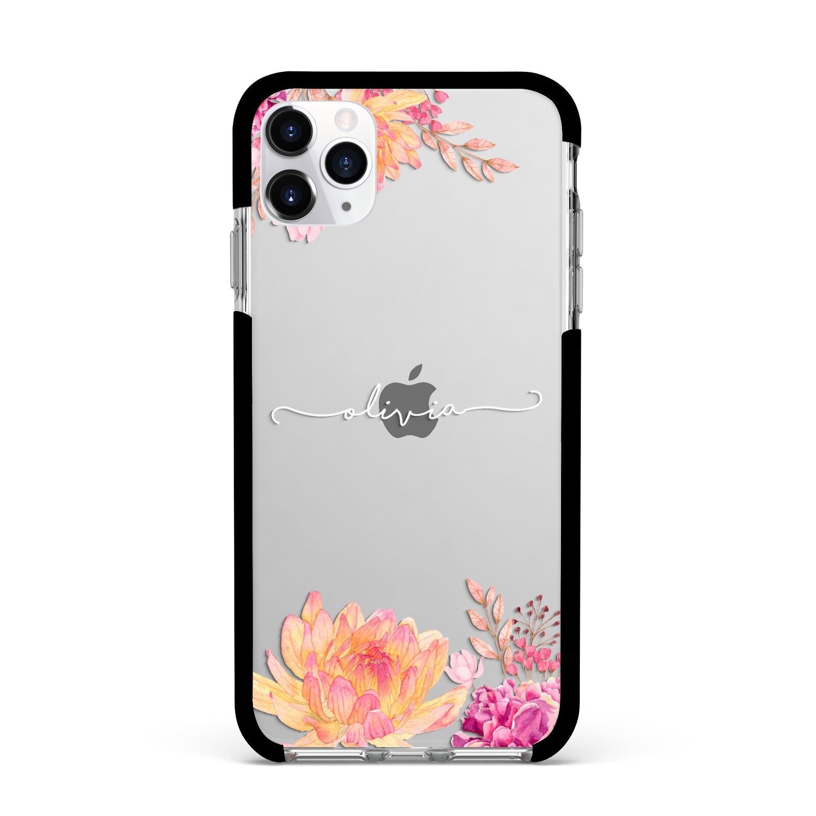 Personalised Dahlia Flowers Apple iPhone 11 Pro Max in Silver with Black Impact Case