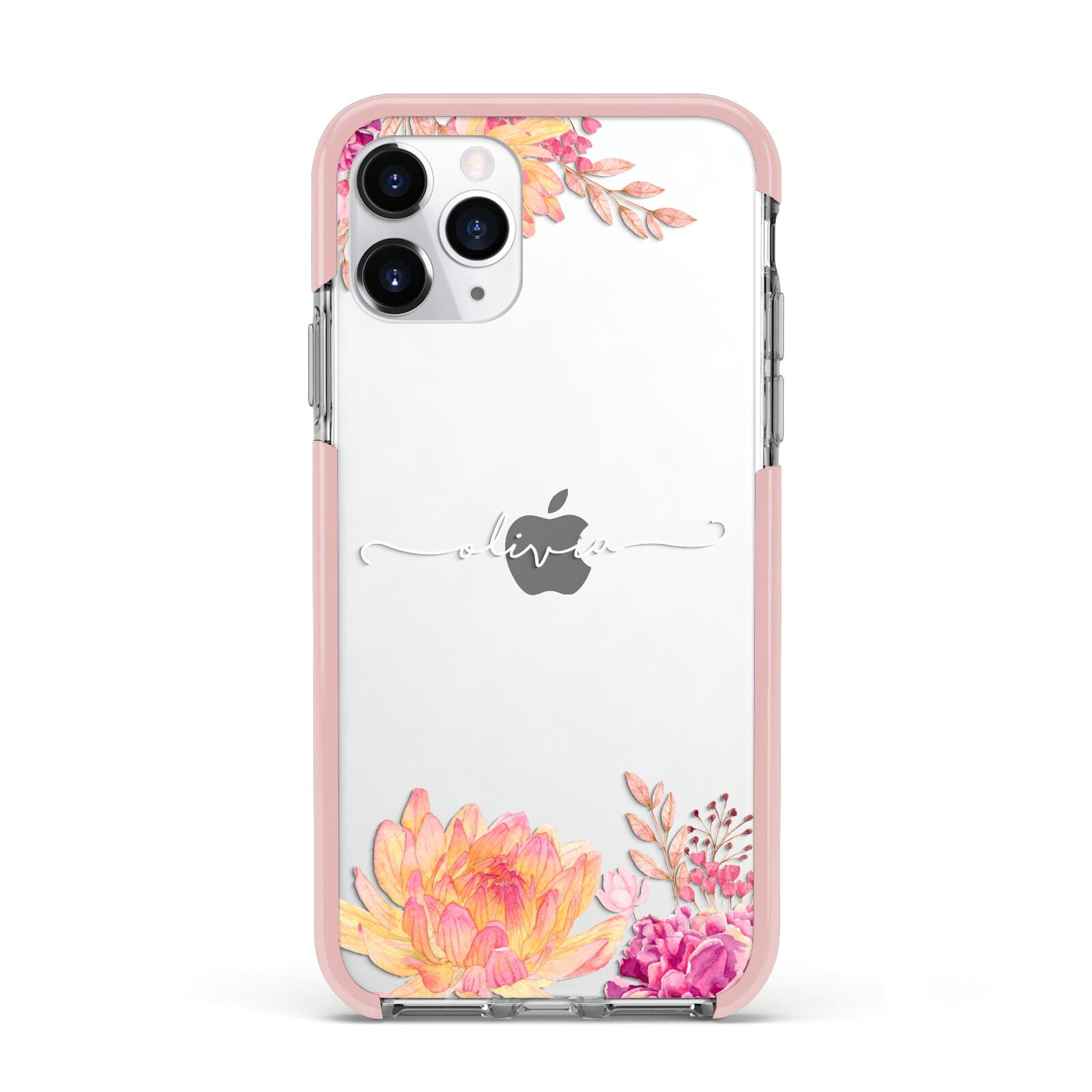 Personalised Dahlia Flowers Apple iPhone 11 Pro in Silver with Pink Impact Case