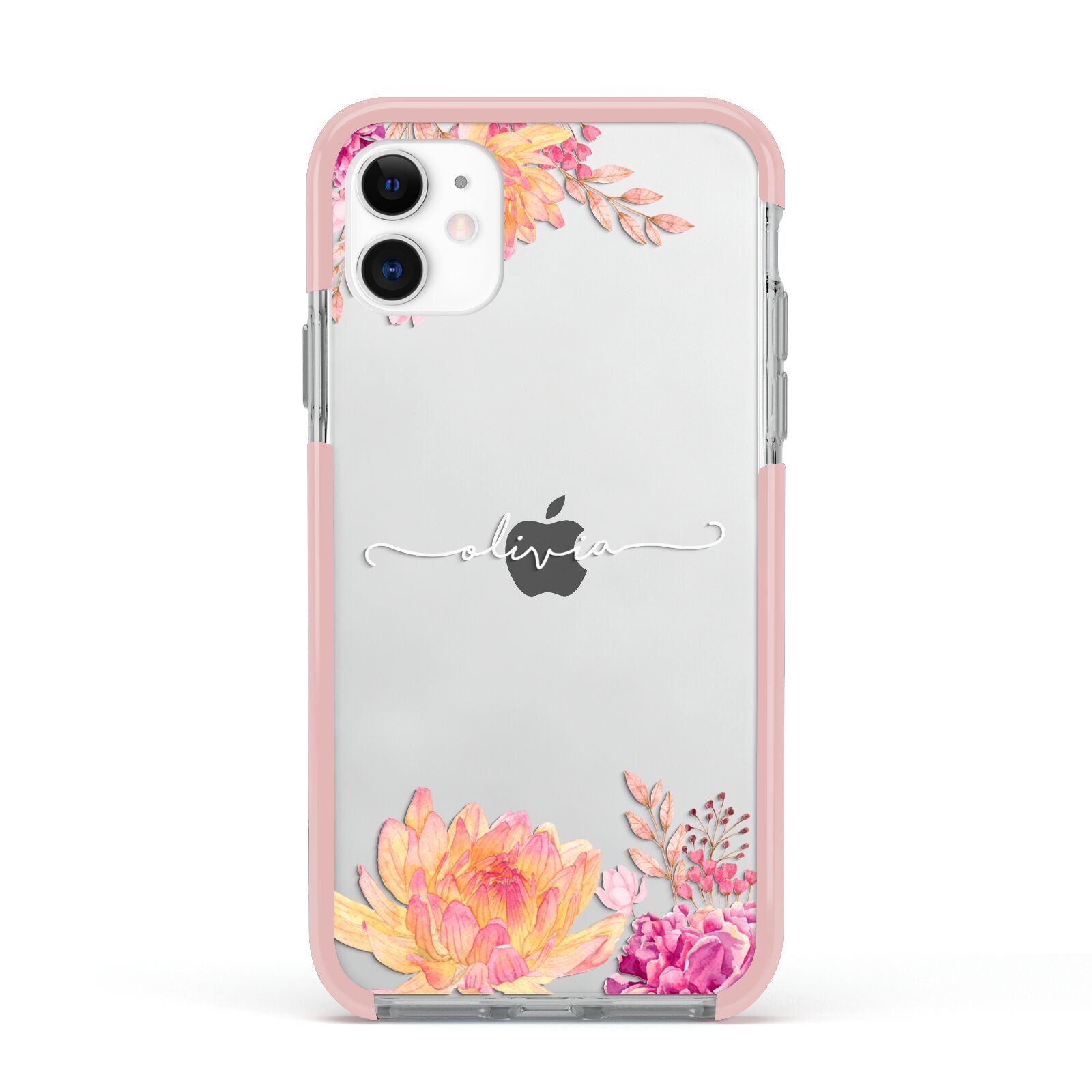 Personalised Dahlia Flowers Apple iPhone 11 in White with Pink Impact Case