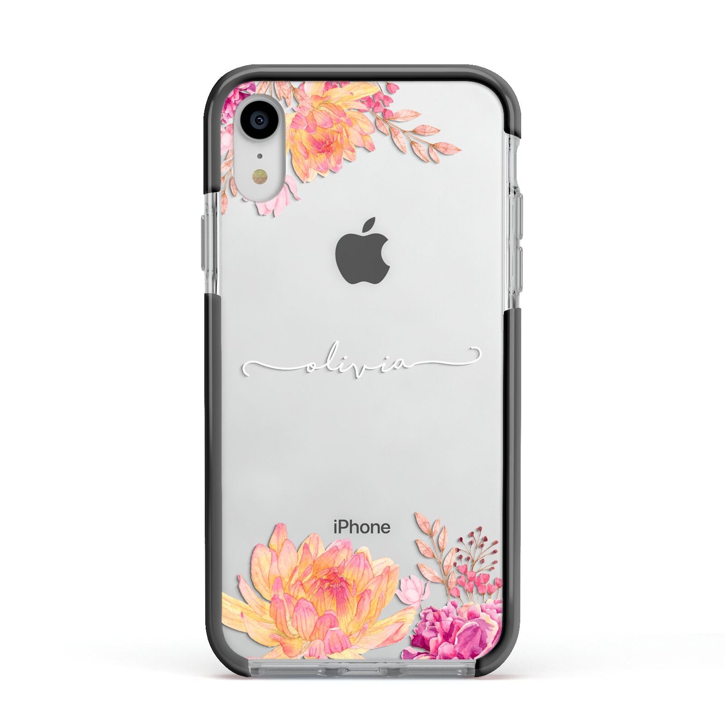 Personalised Dahlia Flowers Apple iPhone XR Impact Case Black Edge on Silver Phone