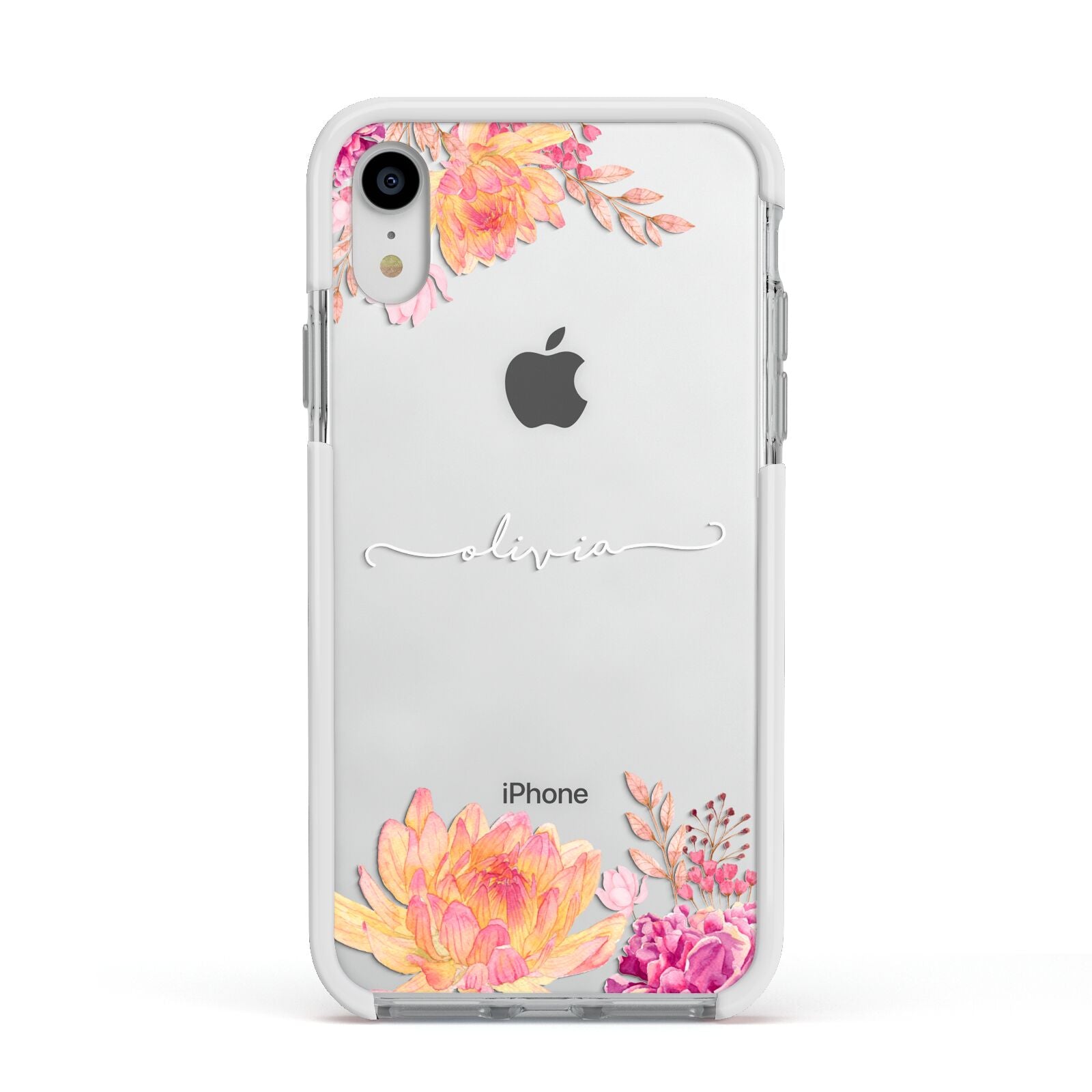 Personalised Dahlia Flowers Apple iPhone XR Impact Case White Edge on Silver Phone