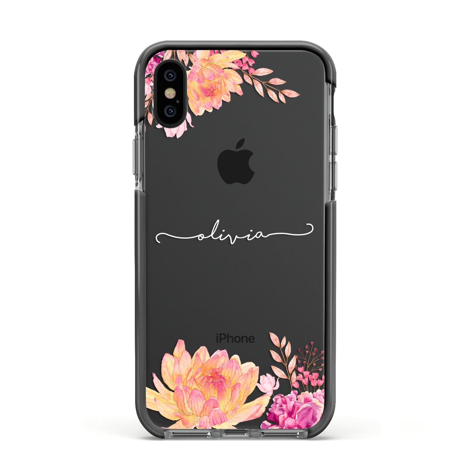 Personalised Dahlia Flowers Apple iPhone Xs Impact Case Black Edge on Black Phone