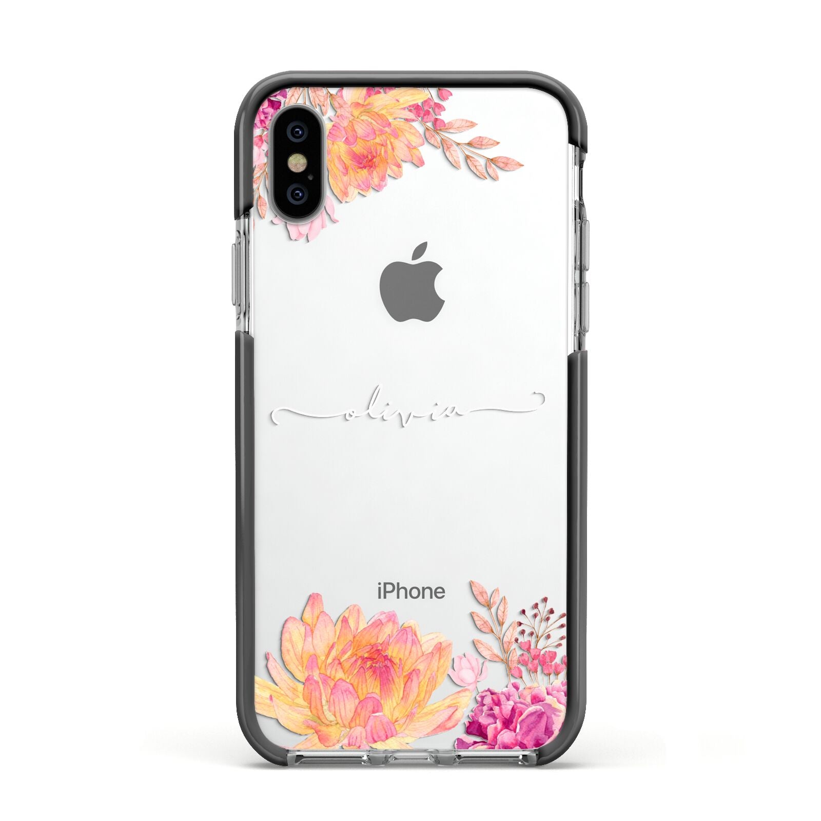 Personalised Dahlia Flowers Apple iPhone Xs Impact Case Black Edge on Silver Phone