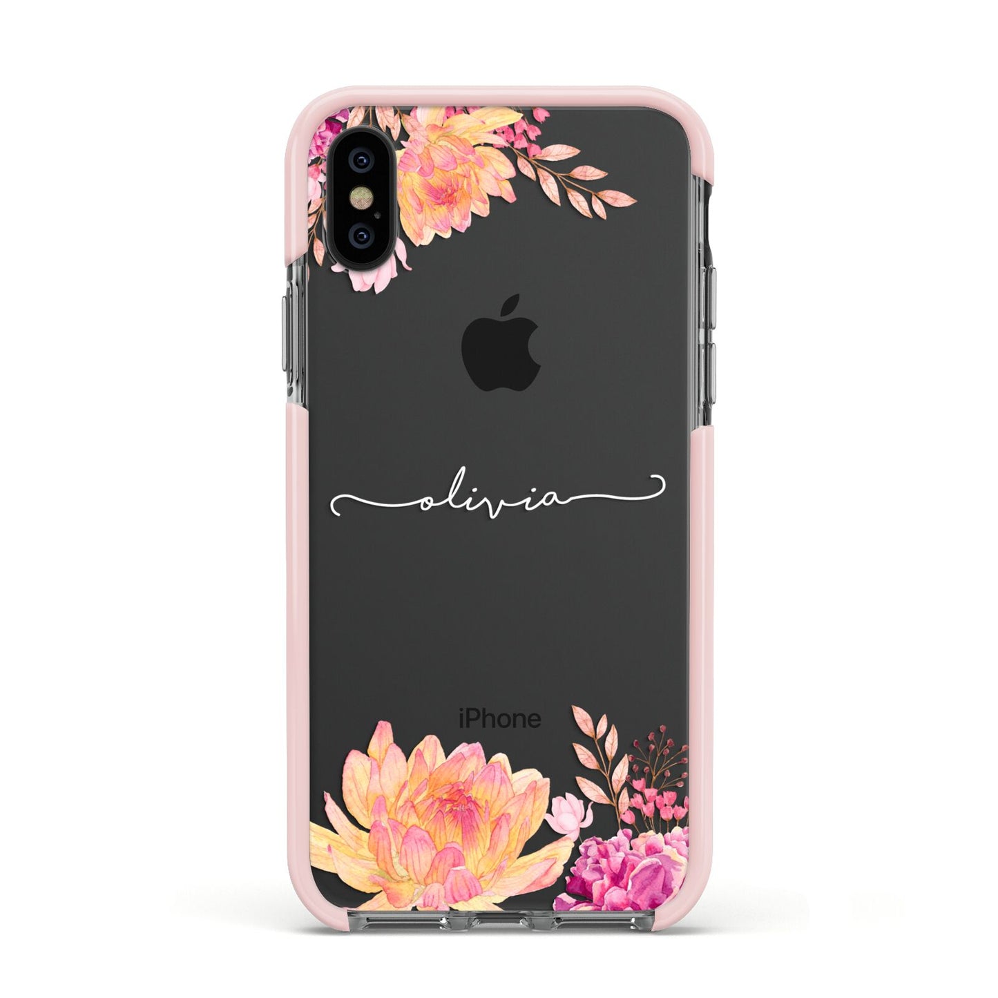 Personalised Dahlia Flowers Apple iPhone Xs Impact Case Pink Edge on Black Phone