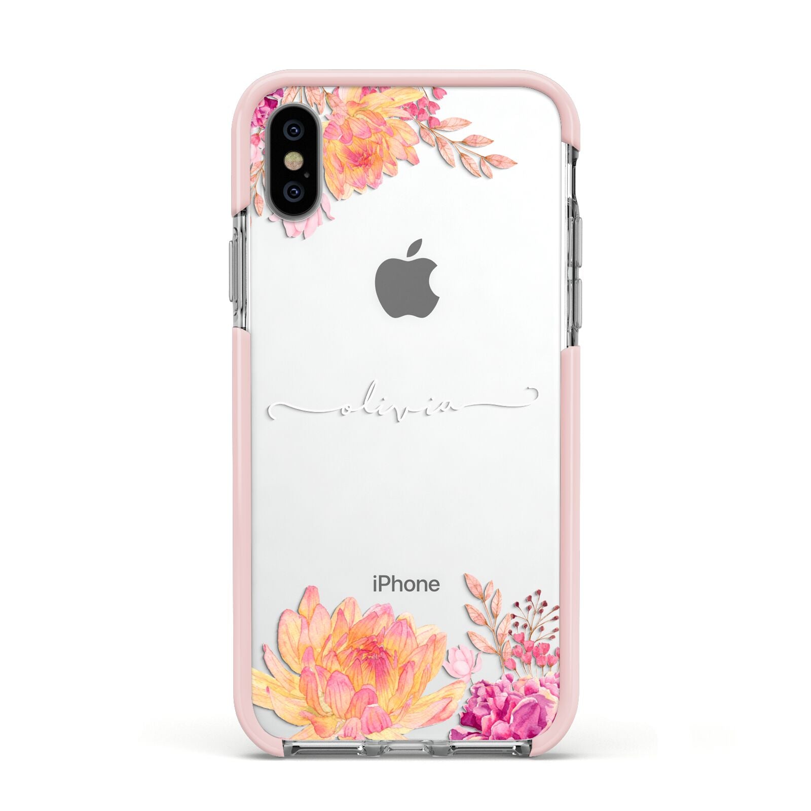 Personalised Dahlia Flowers Apple iPhone Xs Impact Case Pink Edge on Silver Phone