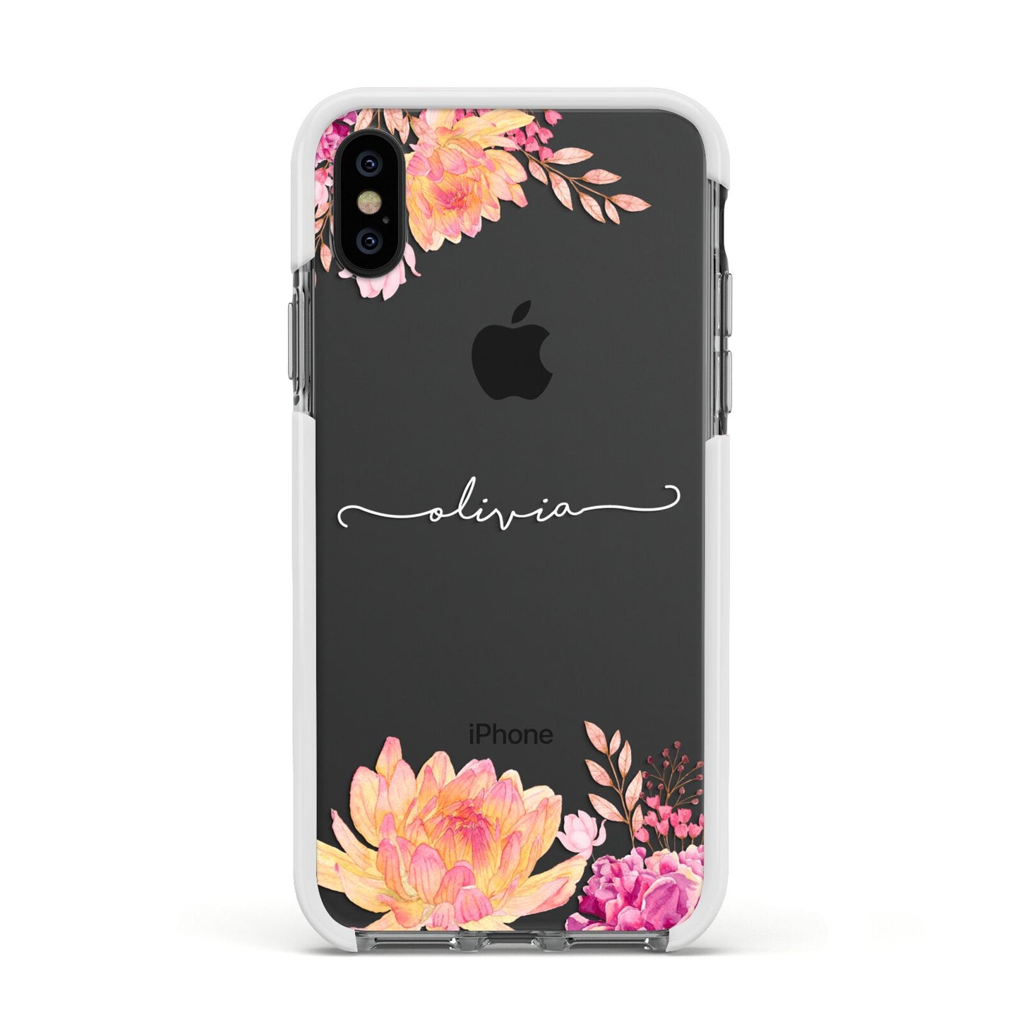 Personalised Dahlia Flowers Apple iPhone Xs Impact Case White Edge on Black Phone