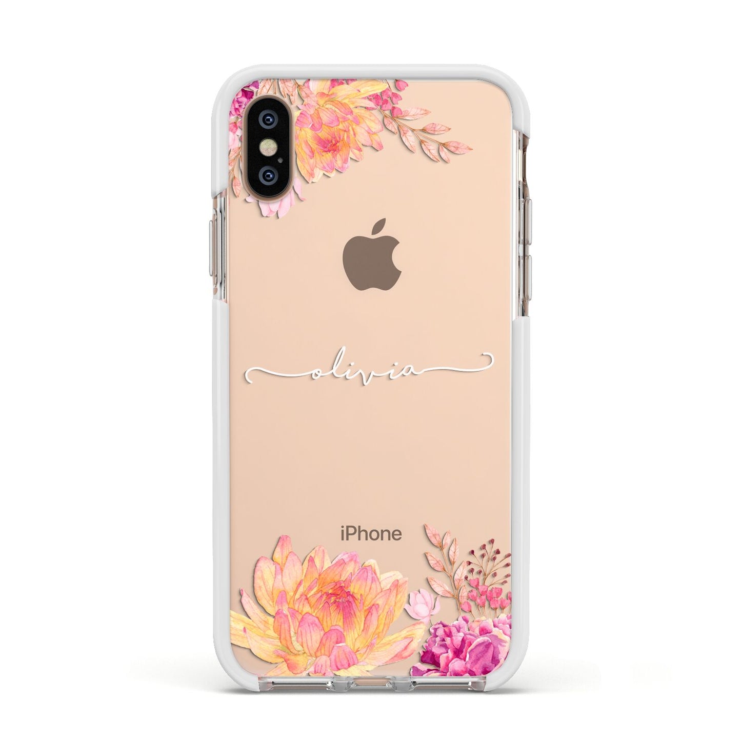 Personalised Dahlia Flowers Apple iPhone Xs Impact Case White Edge on Gold Phone