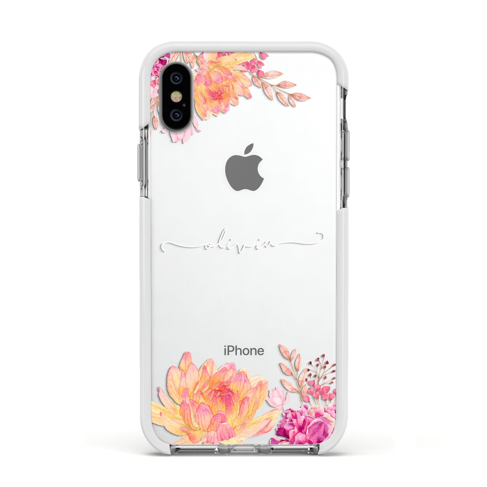 Personalised Dahlia Flowers Apple iPhone Xs Impact Case White Edge on Silver Phone