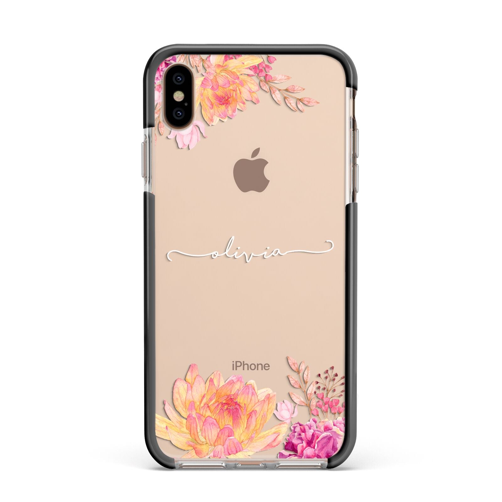 Personalised Dahlia Flowers Apple iPhone Xs Max Impact Case Black Edge on Gold Phone