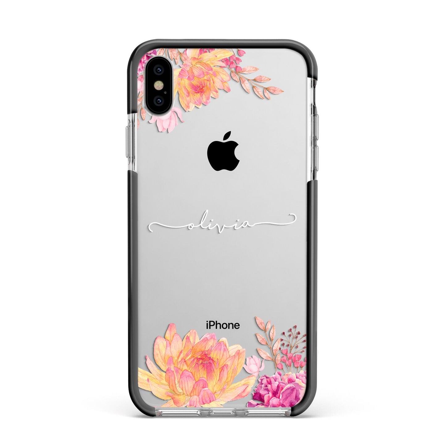 Personalised Dahlia Flowers Apple iPhone Xs Max Impact Case Black Edge on Silver Phone