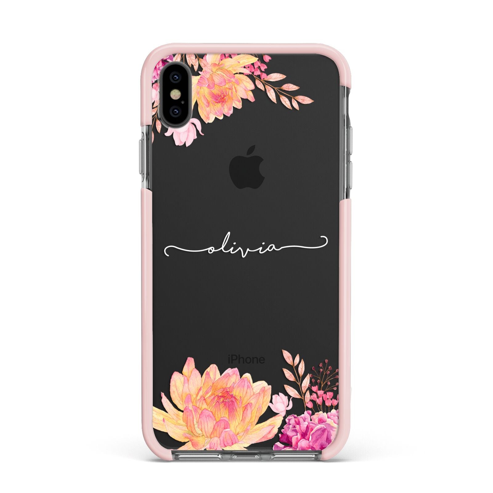 Personalised Dahlia Flowers Apple iPhone Xs Max Impact Case Pink Edge on Black Phone