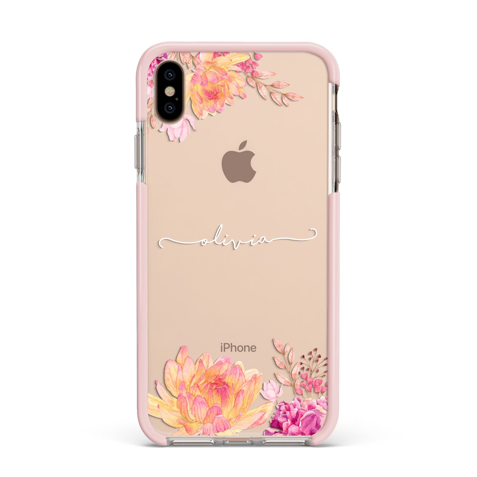Personalised Dahlia Flowers Apple iPhone Xs Max Impact Case Pink Edge on Gold Phone