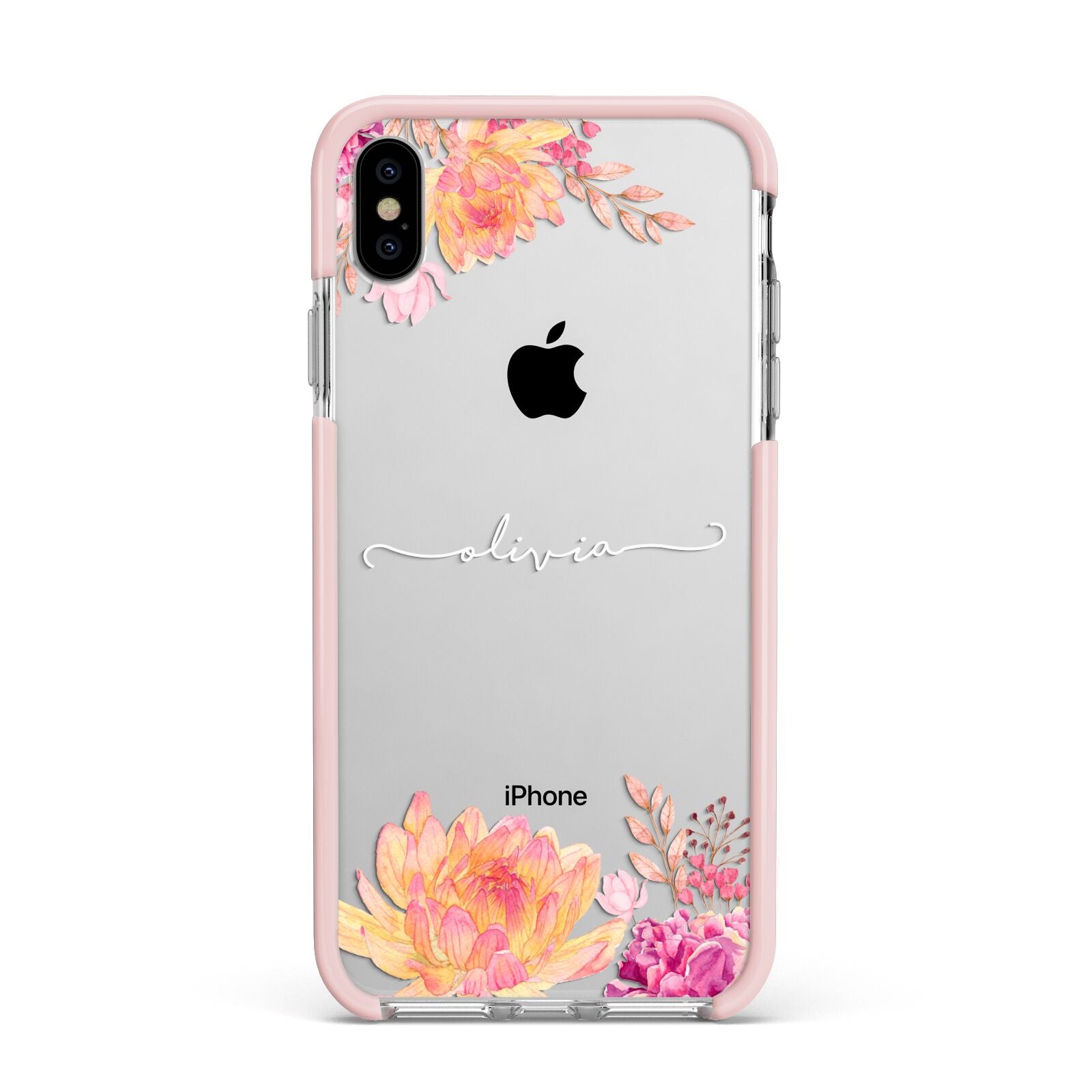 Personalised Dahlia Flowers Apple iPhone Xs Max Impact Case Pink Edge on Silver Phone