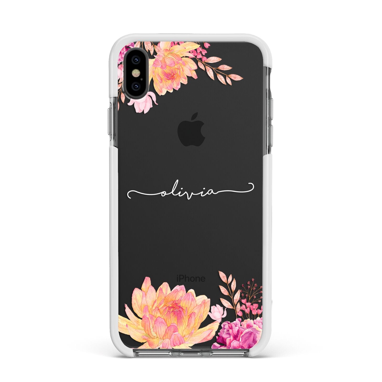 Personalised Dahlia Flowers Apple iPhone Xs Max Impact Case White Edge on Black Phone