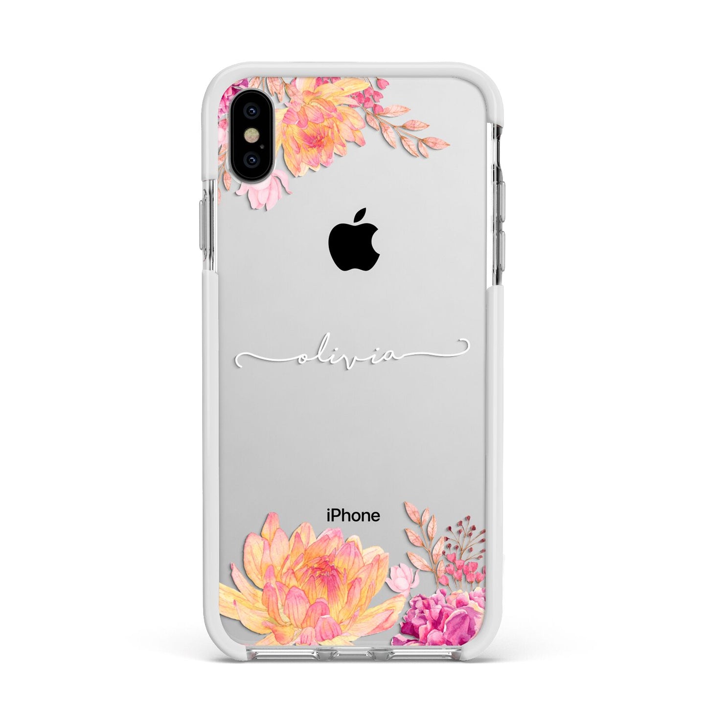 Personalised Dahlia Flowers Apple iPhone Xs Max Impact Case White Edge on Silver Phone