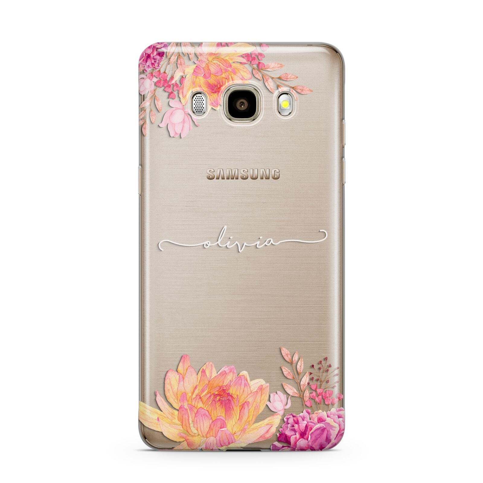 Personalised Dahlia Flowers Samsung Galaxy J7 2016 Case on gold phone