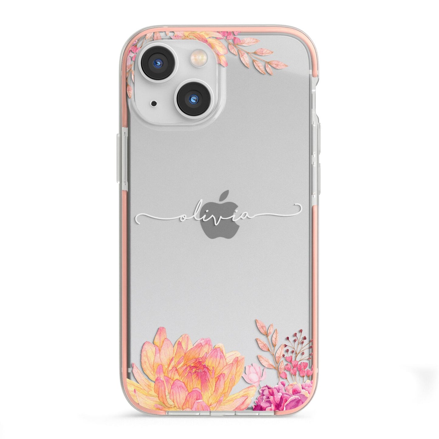 Personalised Dahlia Flowers iPhone 13 Mini TPU Impact Case with Pink Edges