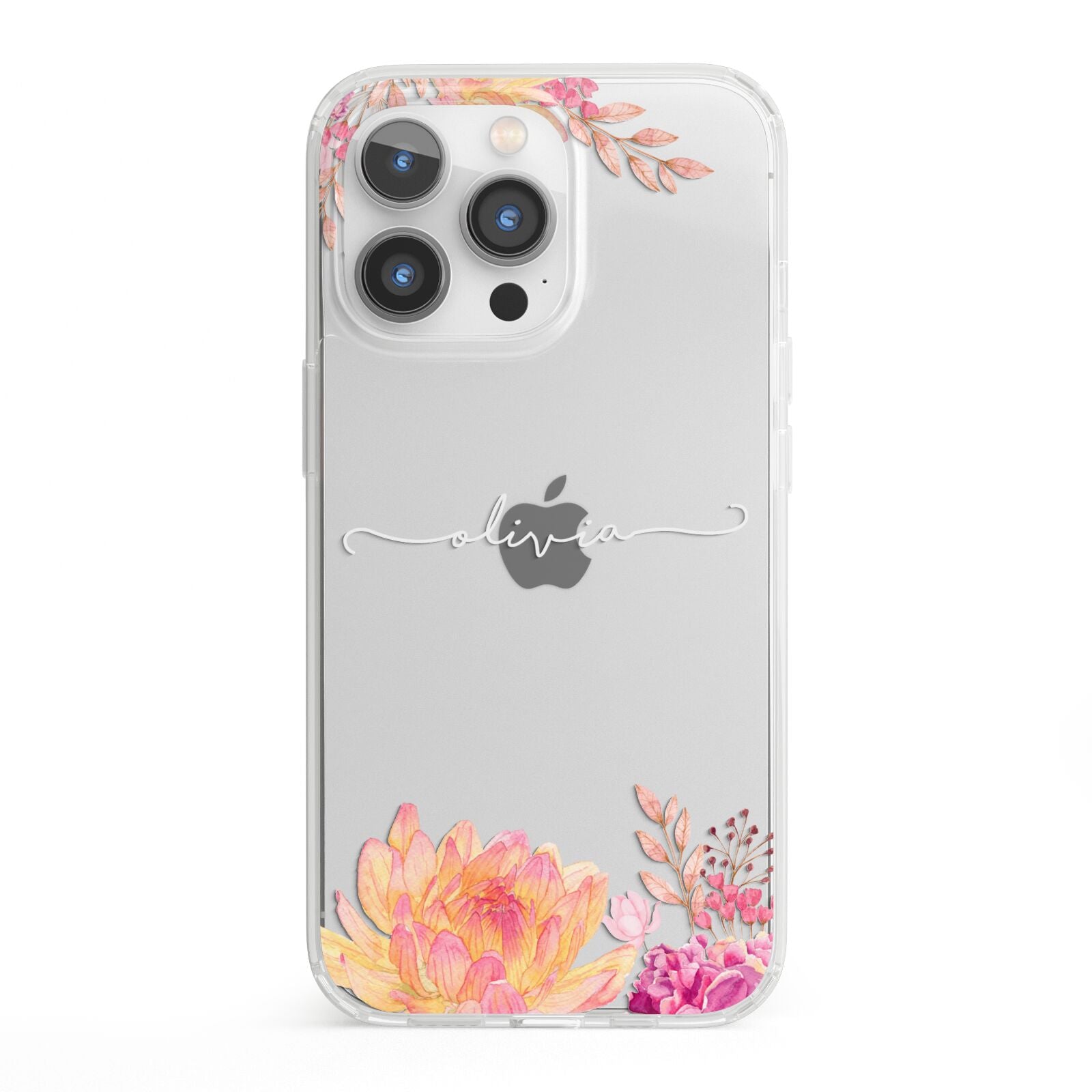 Personalised Dahlia Flowers iPhone 13 Pro Clear Bumper Case