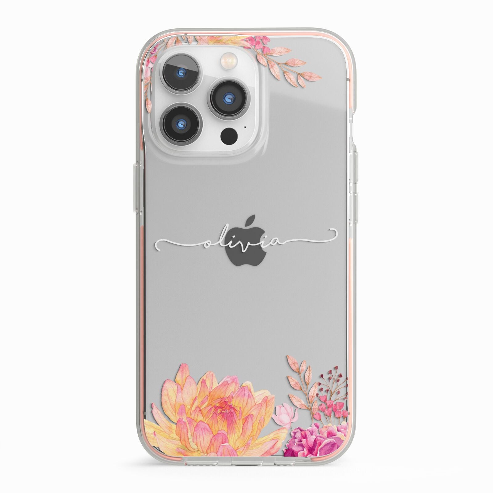 Personalised Dahlia Flowers iPhone 13 Pro TPU Impact Case with Pink Edges