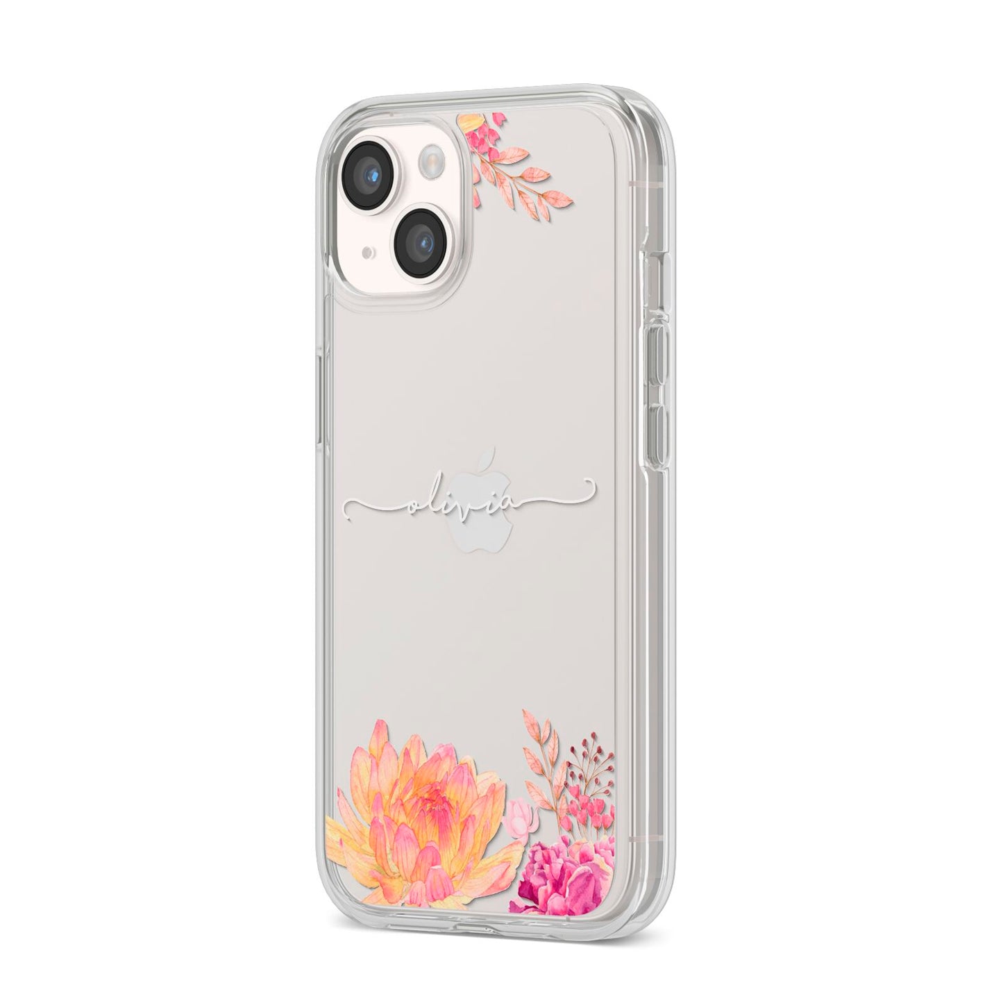 Personalised Dahlia Flowers iPhone 14 Clear Tough Case Starlight Angled Image