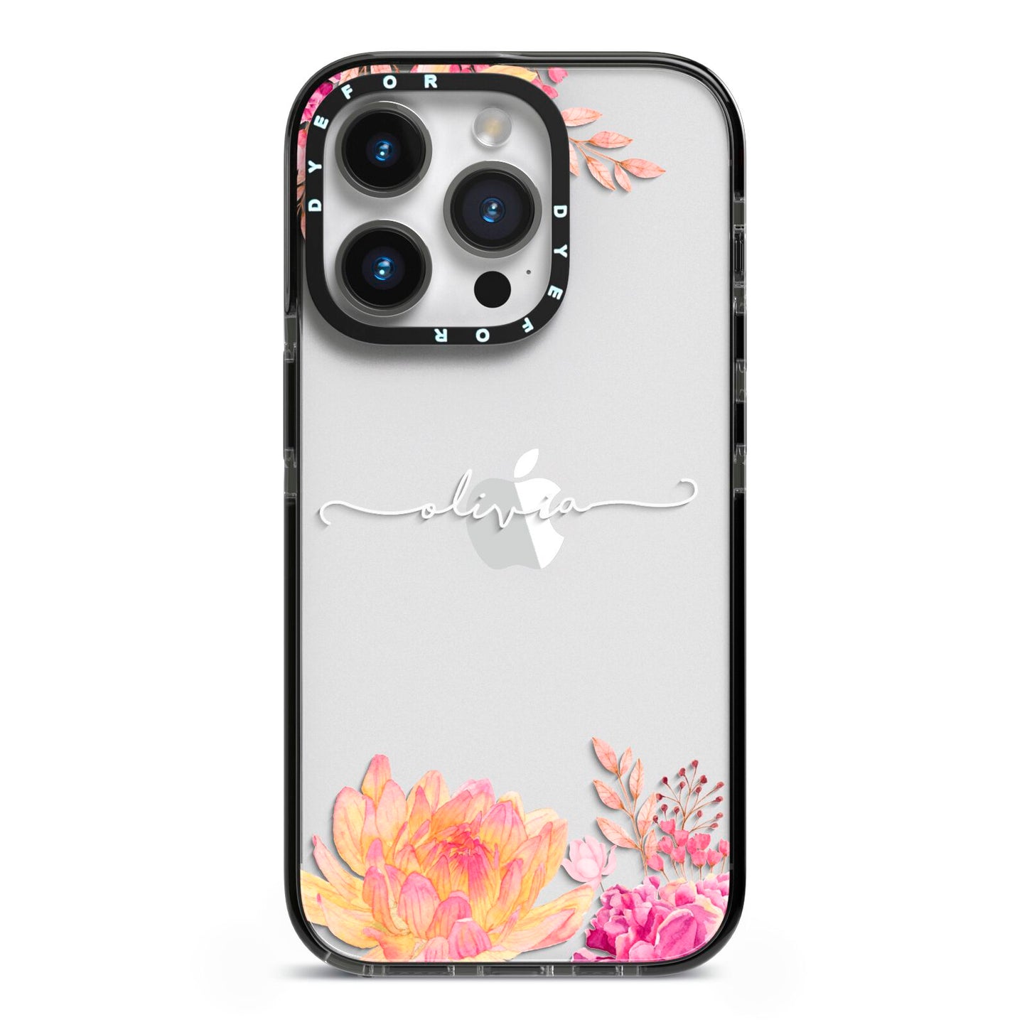 Personalised Dahlia Flowers iPhone 14 Pro Black Impact Case on Silver phone