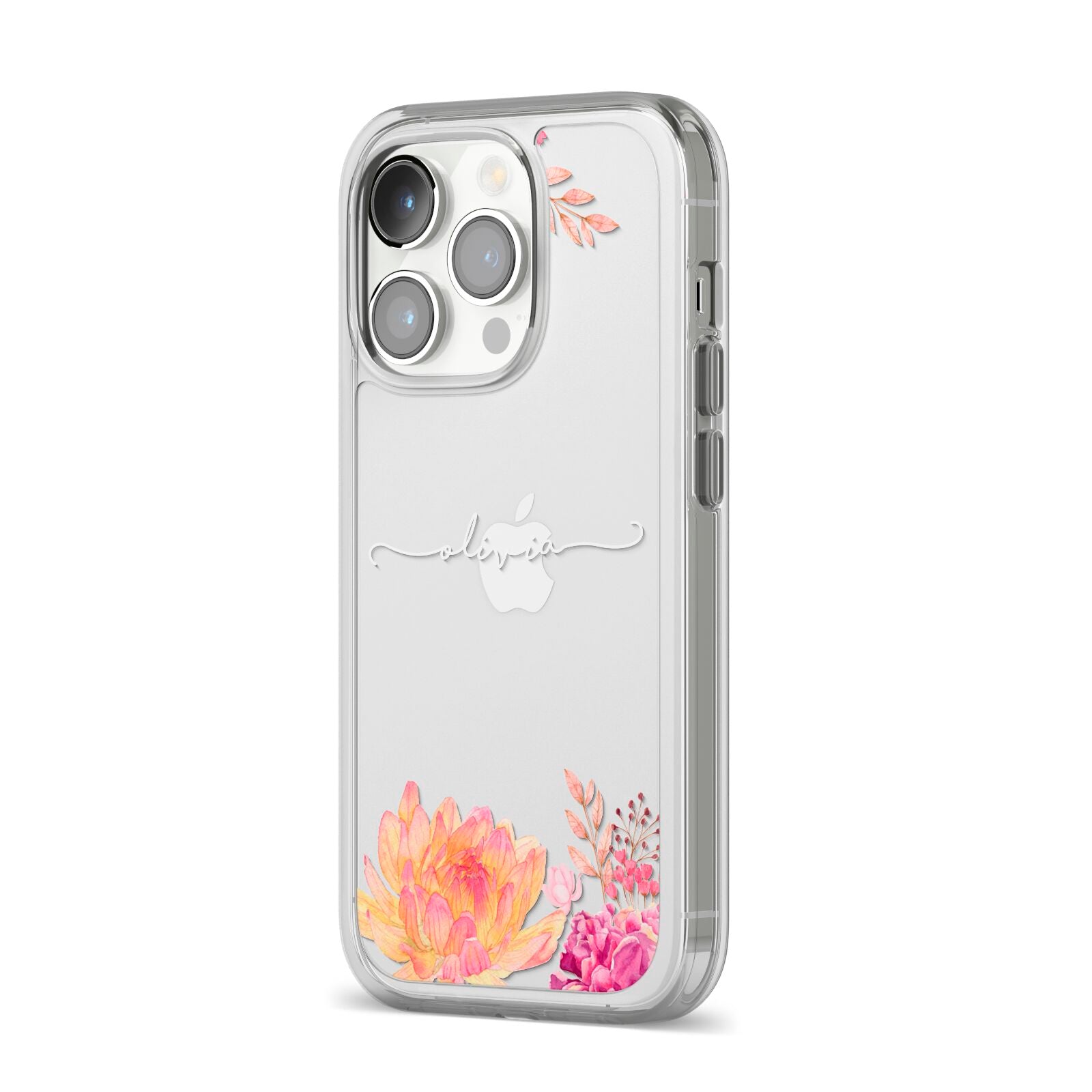 Personalised Dahlia Flowers iPhone 14 Pro Clear Tough Case Silver Angled Image