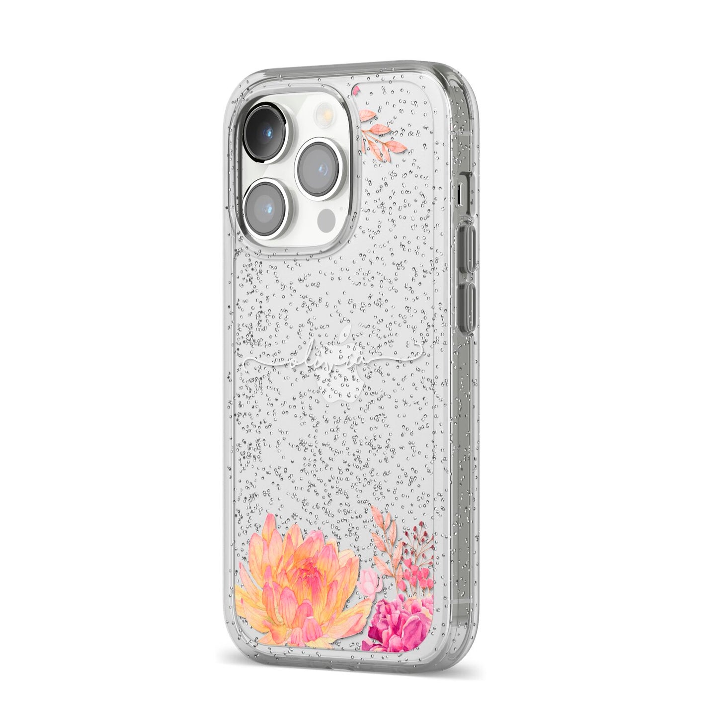 Personalised Dahlia Flowers iPhone 14 Pro Glitter Tough Case Silver Angled Image