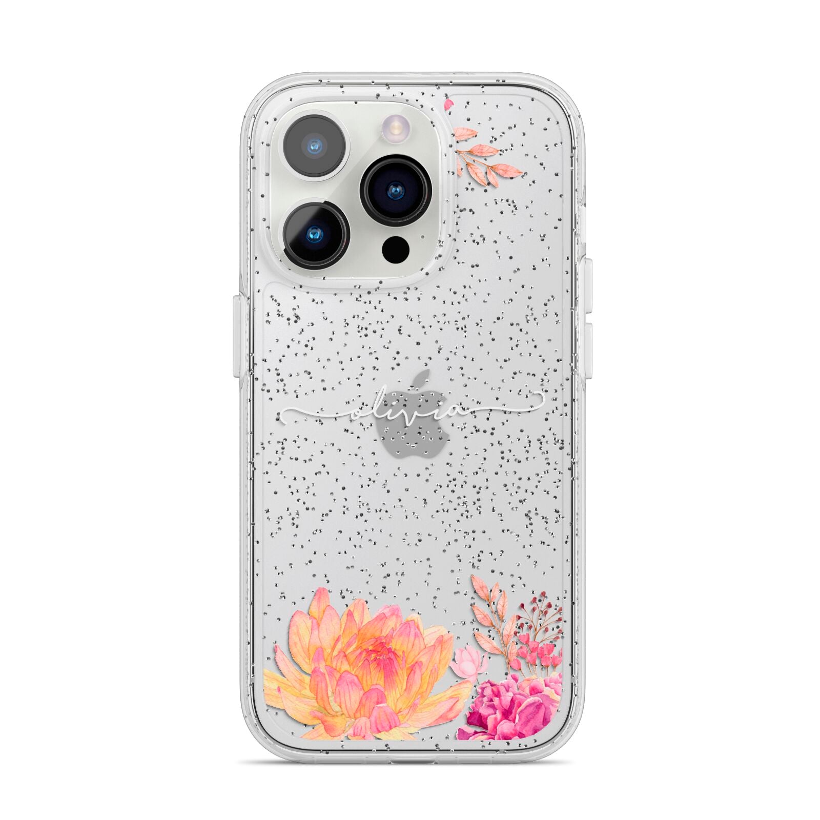 Personalised Dahlia Flowers iPhone 14 Pro Glitter Tough Case Silver