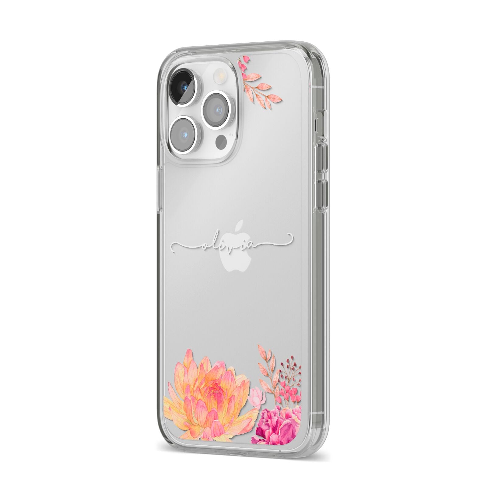 Personalised Dahlia Flowers iPhone 14 Pro Max Clear Tough Case Silver Angled Image