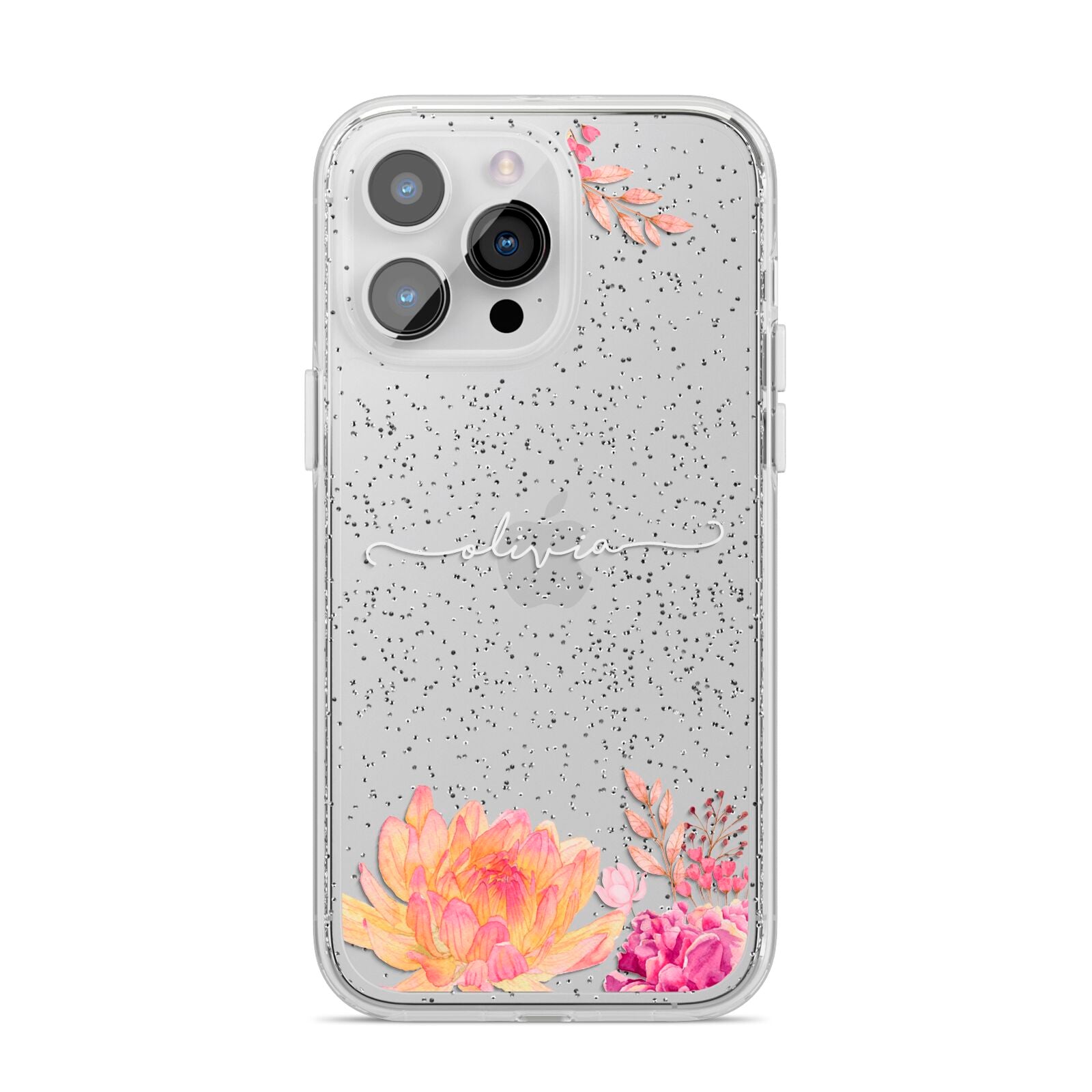 Personalised Dahlia Flowers iPhone 14 Pro Max Glitter Tough Case Silver