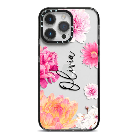 Personalised Dahlia Pink iPhone 14 Pro Max Black Impact Case on Silver phone