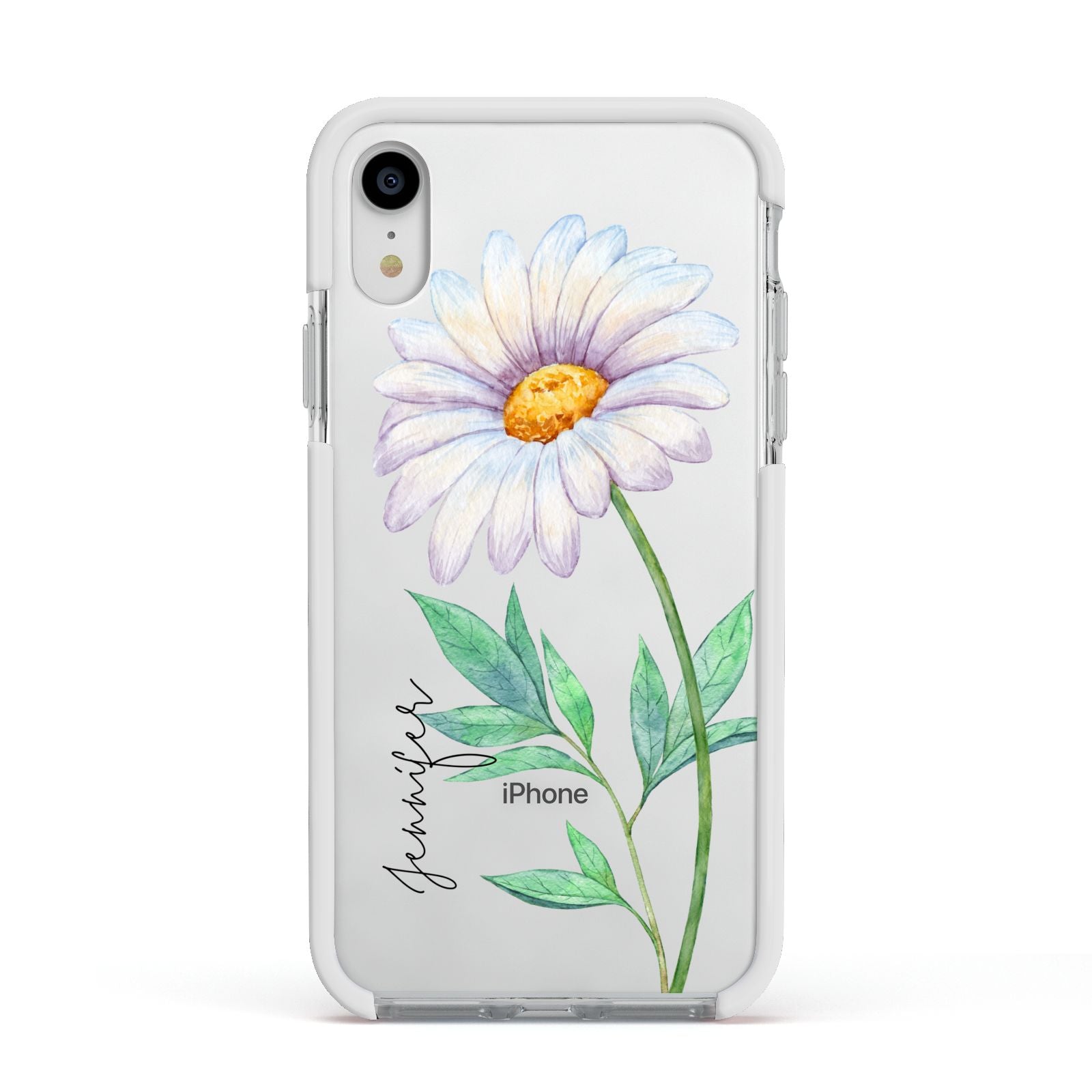 Personalised Daisies Apple iPhone XR Impact Case White Edge on Silver Phone