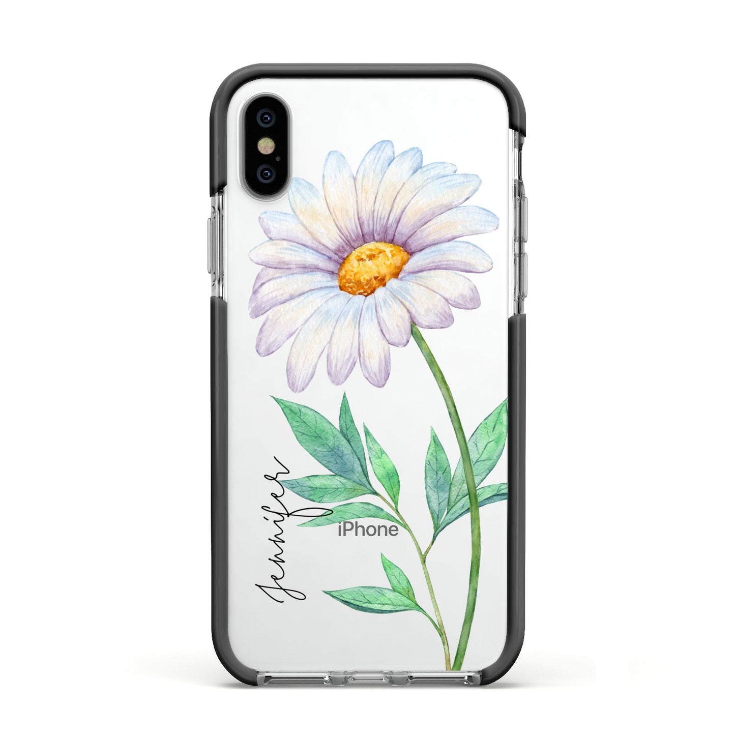 Personalised Daisies Apple iPhone Xs Impact Case Black Edge on Silver Phone