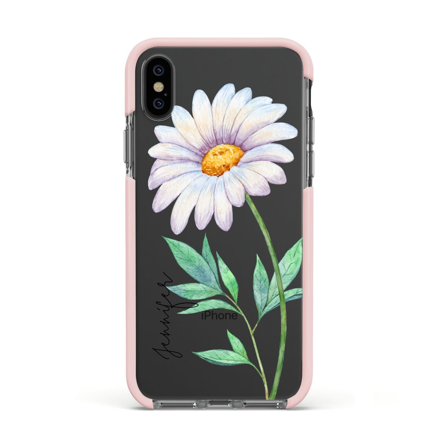 Personalised Daisies Apple iPhone Xs Impact Case Pink Edge on Black Phone
