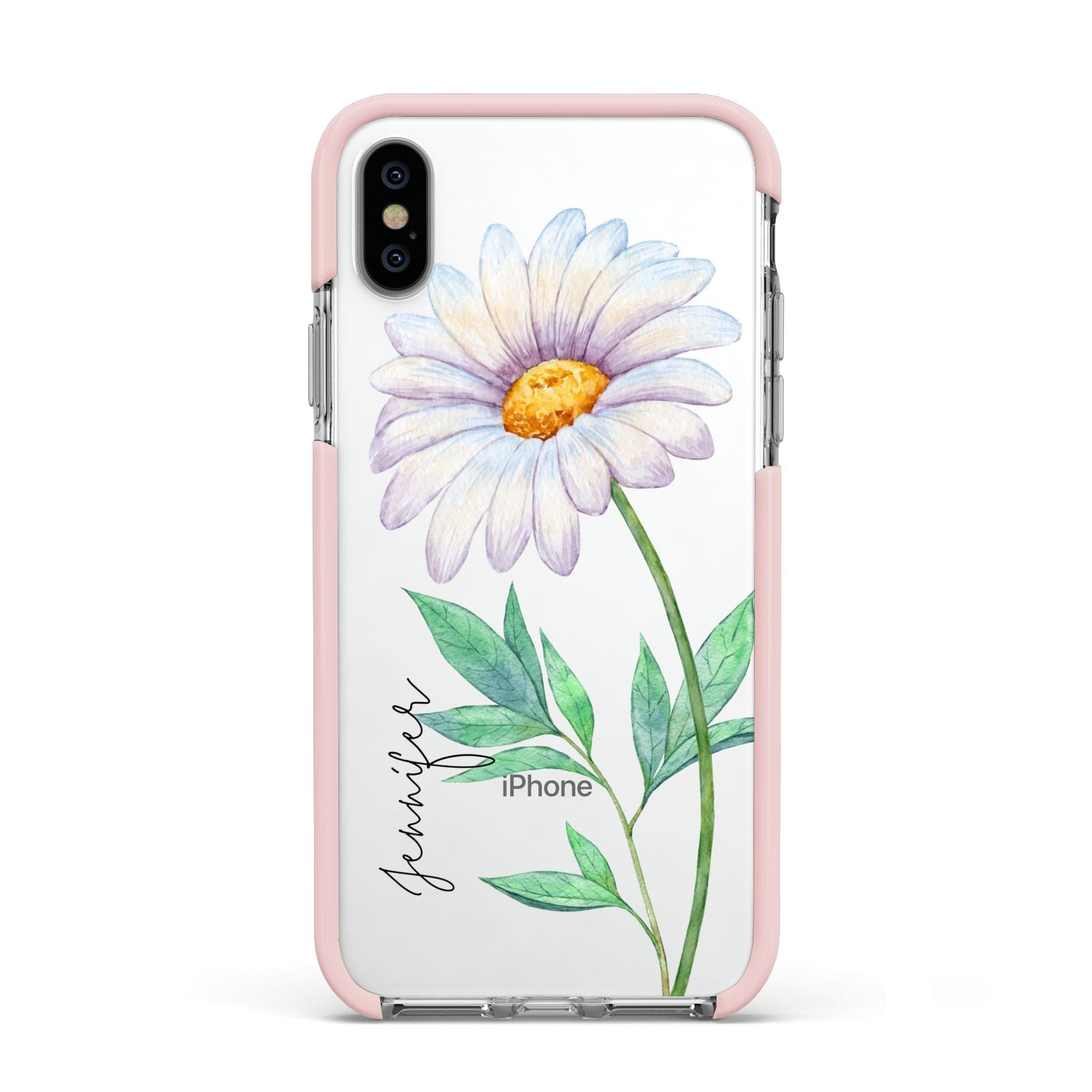 Personalised Daisies Apple iPhone Xs Impact Case Pink Edge on Silver Phone