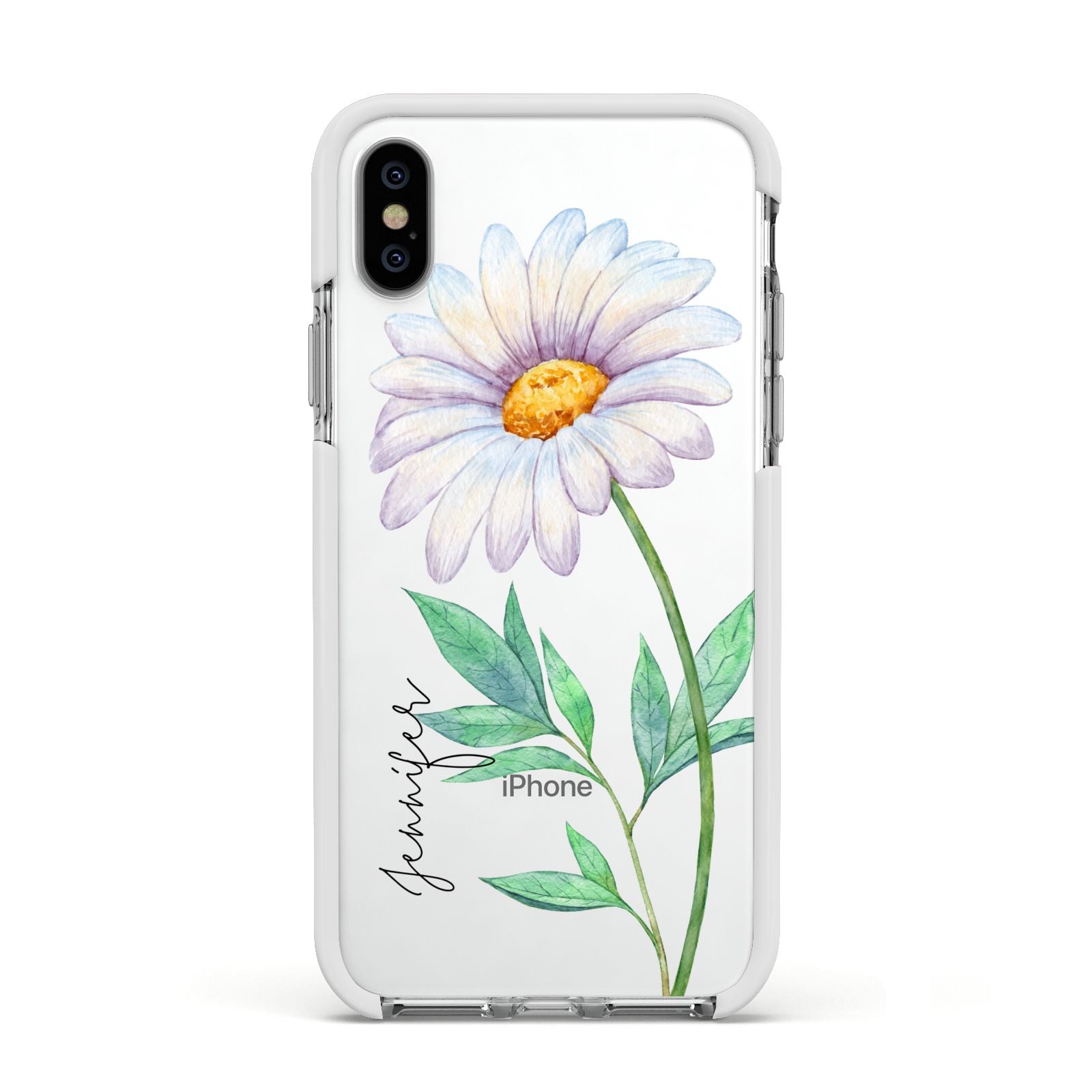 Personalised Daisies Apple iPhone Xs Impact Case White Edge on Silver Phone