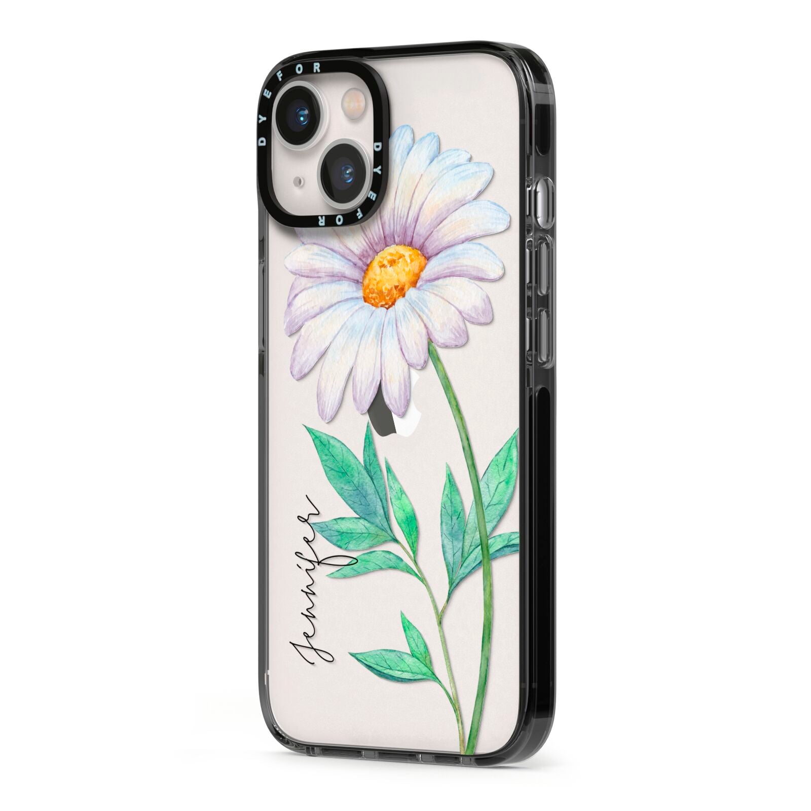 Personalised Daisies iPhone 13 Black Impact Case Side Angle on Silver phone