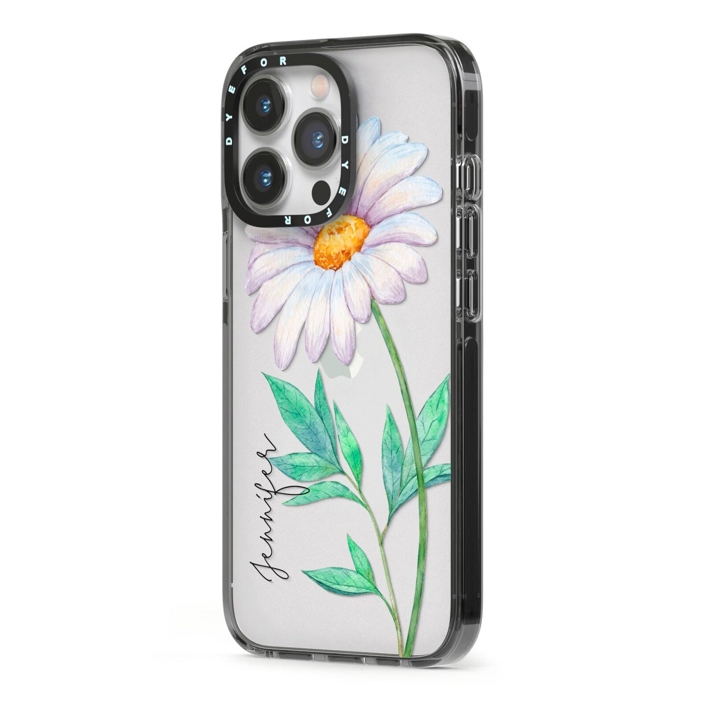 Personalised Daisies iPhone 13 Pro Black Impact Case Side Angle on Silver phone